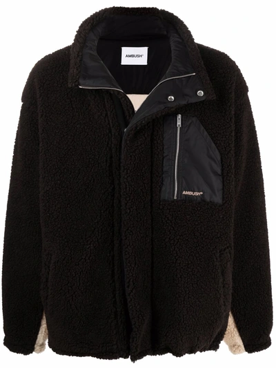 Ambush Hooded Jacket In Black And Beige In Brown