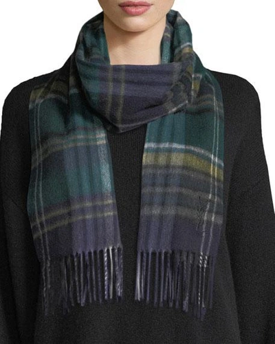 Saint Laurent Plaid Wool Scarf W/ Fringe In Green Pattern