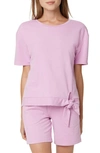 Nydj French Terry Tie Front Short Sleeve Sweatshirt In Pink Lilac