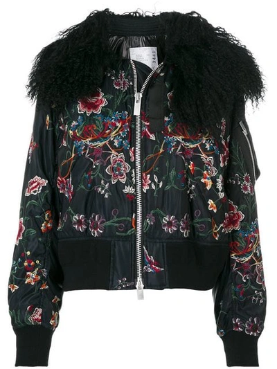 Sacai Faux Fur Floral Embroidered Padded Bomber Jacket In Black