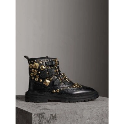 Burberry Everdon Buckled Studded Glossed-leather Ankle Boots In Black