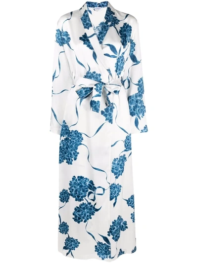 La Perla Floral-print Long-sleeve Dressing Gown In Blue