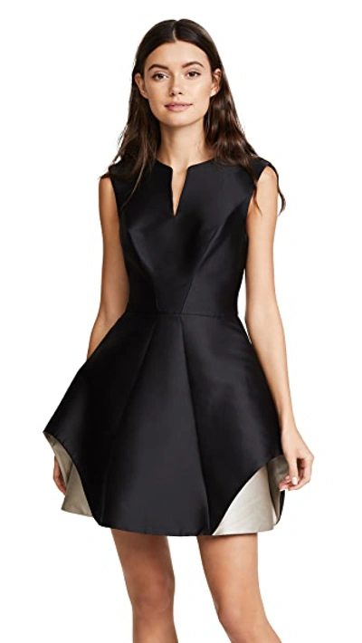 Halston Heritage Cap-sleeve Notch-neck Colorblocked Cocktail Dress In Black Champagne