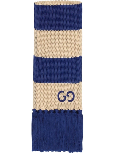 Gucci Fringed Striped Logo-embroidered Ribbed Cotton Scarf In 아이보리,블루