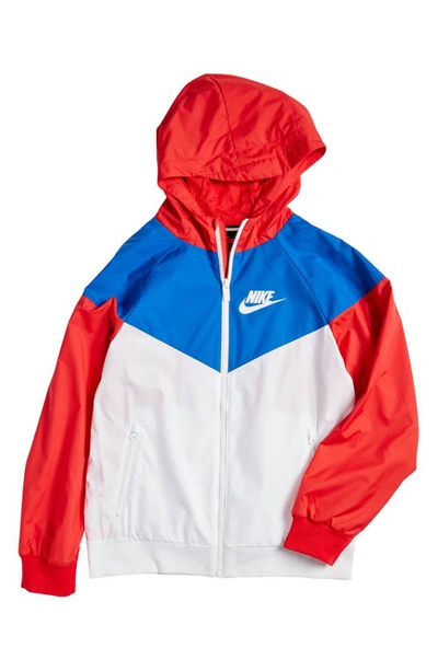 Nike Kids' Windrunner Water Resistant Hooded Jacket In White/ Game Royal/ Univ Red