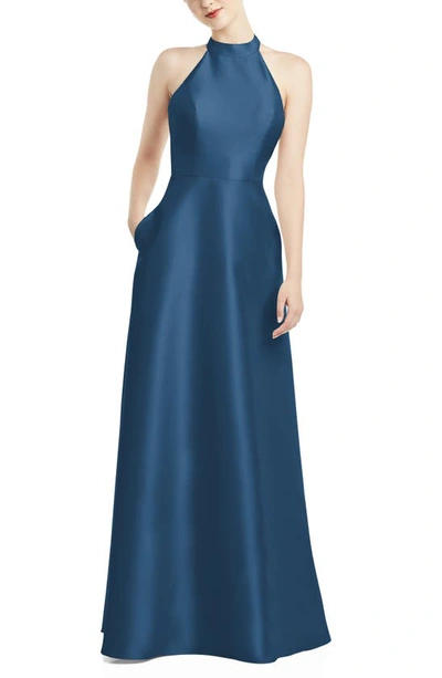 Alfred Sung Halter Style Satin Twill A-line Gown In Dusk Blue