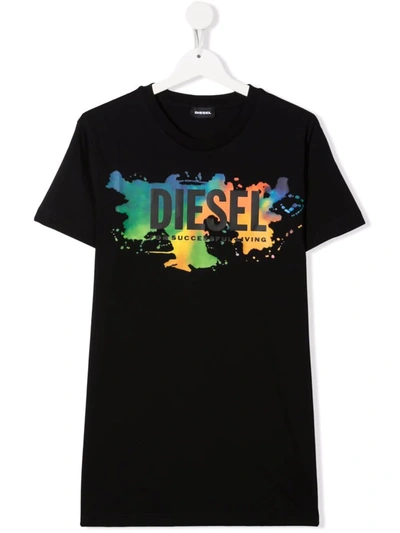 Diesel Kids Black Screwdosky T-shirt With Black Oversize Logo