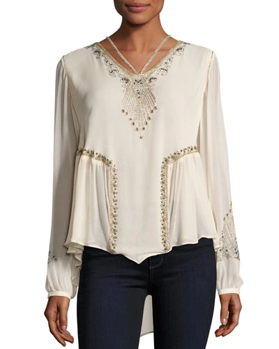 Haute Hippie Galaxy Long-sleeve Embellished Silk Top In Antique