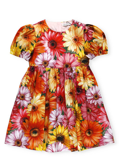 Dolce & Gabbana Kids' Floral-print Short-sleeve Dress In 橘色