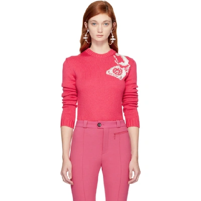 Miu Miu Pink Telephone Crewneck Sweater In Pink&purple