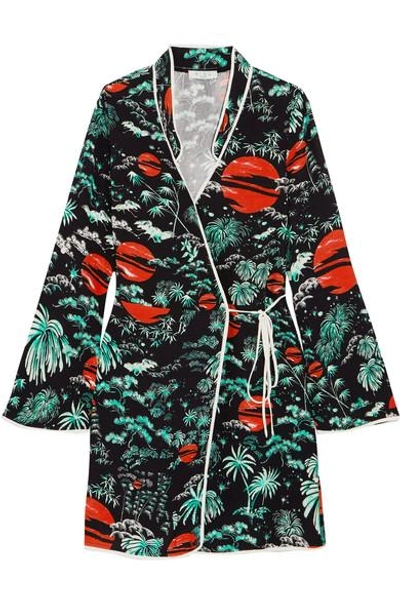 Rixo London Iris Green Oriental Sky Mini Wrap Dress With Kimono Sleeve In Multi