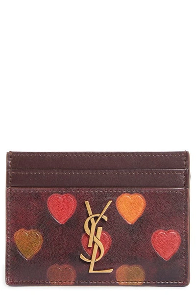 Saint Laurent Monogram Hearts Leather Card Case In Mahagony