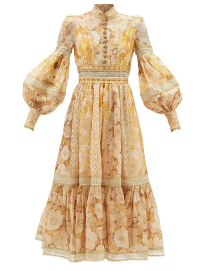 Zimmermann Tempo Embellished Floral-print Linen And Silk-blend Gown In Gold