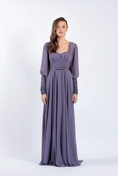 Zeena Zaki Long Sleeve- Pleated Chiffon Gown In Grey