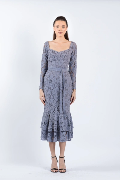 Zeena Zaki Long Sleeve Dantel Midi Dress In Grey