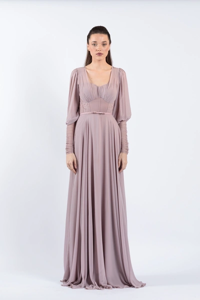 Zeena Zaki Long Sleeve Pleated Chiffon Gown In Pink