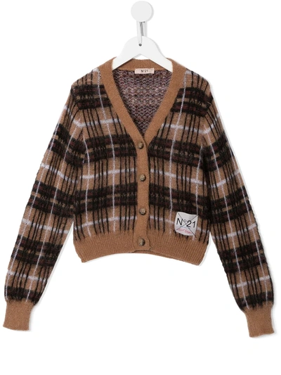 N°21 Teen Check-knit Logo-patch Cardigan In Brown