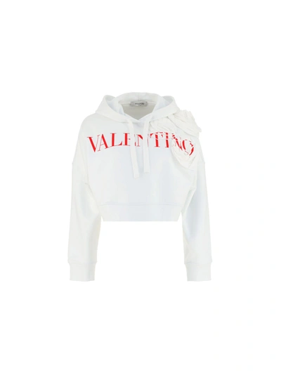 Valentino Cotton Sweatshirt With Rose Blossom Embroidery In White