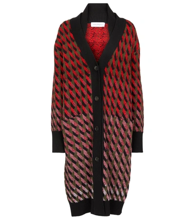 Ferragamo Pattern-jacquard Wool-blend Long Cardigan In Brown
