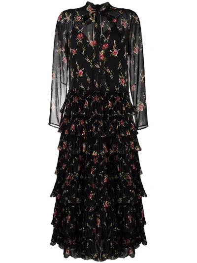 Red Valentino Ruffled Pussy-bow Floral-print Chiffon Midi Dress In Black  