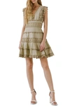 Endless Rose Plunge Neck Tiered Lace Linen & Cotton Dress In Olive