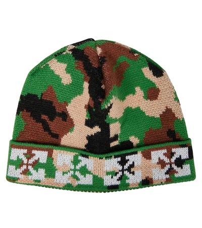 Off-white Kids' Arrows Camouflage-pattern Virgin Wool Beanie In Green