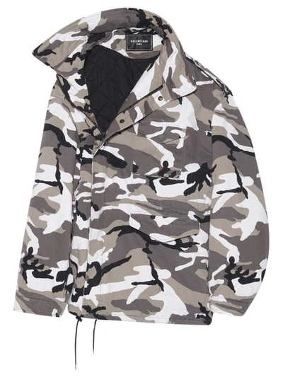 Balenciaga Off-shoulder Camo-print Military Parka Grey ModeSens
