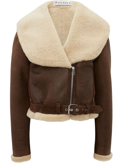 Jw Anderson Cropped Shearling-trimmed Leather Jacket In Brown