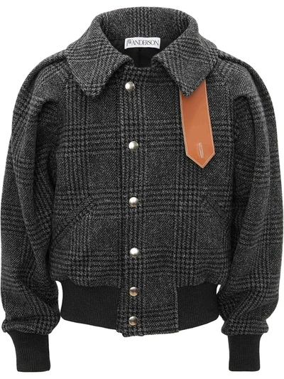 Jw Anderson Leather-tab Checked-wool Bomber Jacket In Black