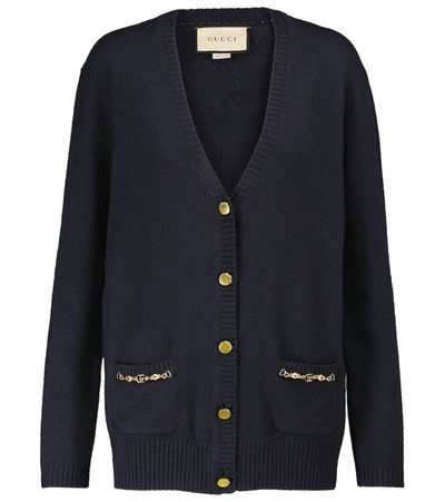 Gucci Chain-trim Button-front Knitted Cardigan In Blue