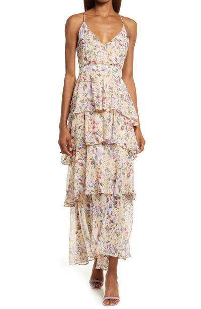 Astr Multi Ruffle Maxi Dress In Yellow Purple Floral