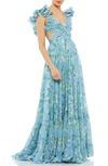 Mac Duggal Floral Chiffon Cutout Ballgown In Blue Multi