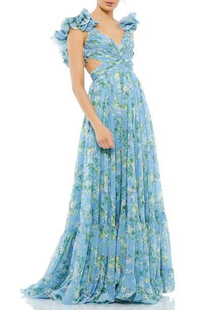 Mac Duggal Floral Chiffon Cutout Ballgown In Blue Multi