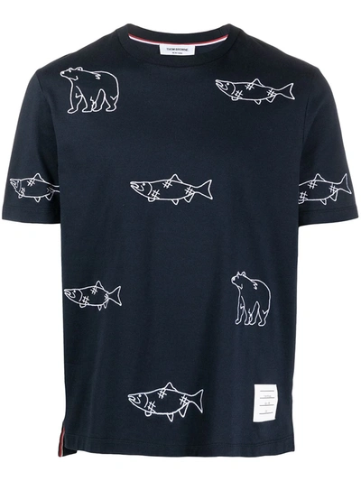 Thom Browne Bear Fish Embroidered Polo Shirt In Blue