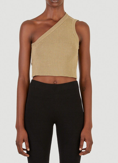 Jacquemus Ascu Cropped One-shoulder Open-back Ribbed Linen-blend Top In Зелёный Милитари