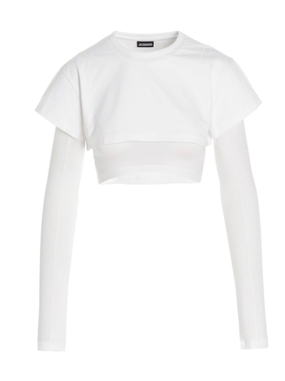 Jacquemus Cropped Layered Cotton-jersey And Stretch-lyocell T-shirt In White