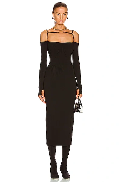 Jacquemus Sierra Cold-shoulder Embellished Ribbed-knit Midi Dress In Black