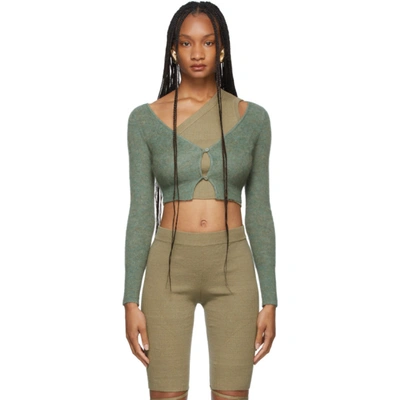 Jacquemus Pralù Cropped Embellished Ribbed-knit Cardigan In Green