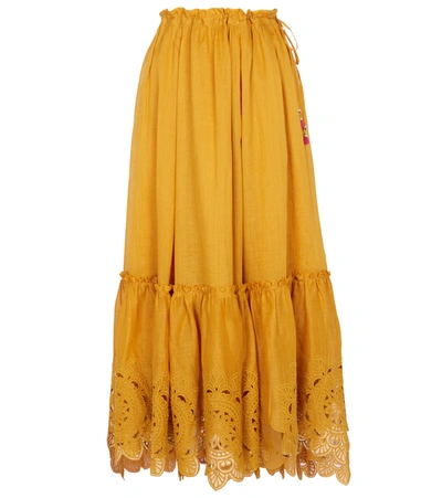 Zimmermann Embroidered Ruffle-trimmed Ramie Wrap Skirt In Mustard