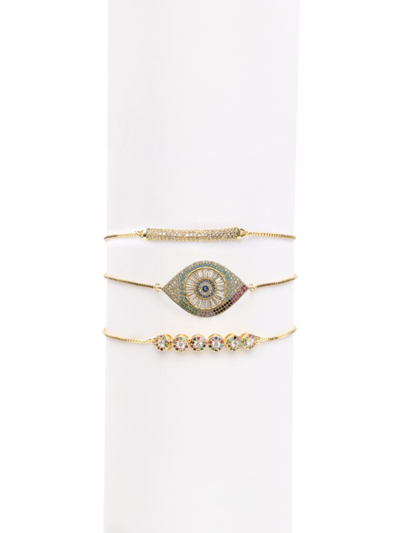 Eye Candy La Women's Luxe 3-piece 18k Goldplated & Crystal Hamsa Evil Eye Rainbow Bracelet Set In Neutral