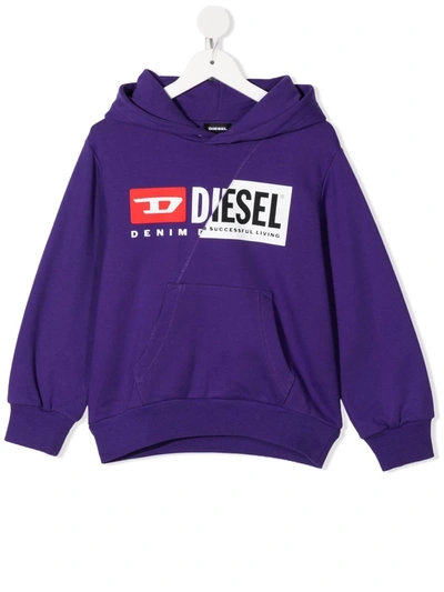 Diesel Kids' Patchwork Logo-print Cotton Hoodie In Purple