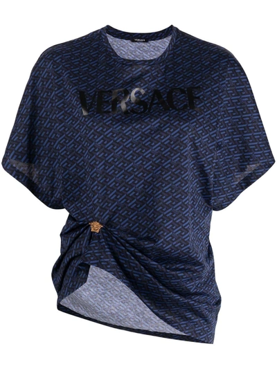 Versace Monogram-print Draped Logo T-shirt In Blue Navy Black