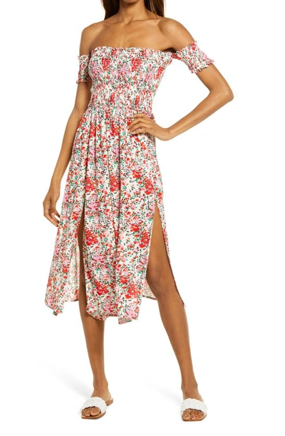 Lulus View From The Meadow Cream Floral Print Off-the-shoulder Dress In Beige