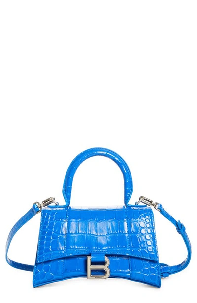 Balenciaga Extra Small Hourglass Croc Embossed Leather Top Handle Bag In Royal Blue