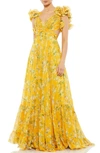 Mac Duggal Floral Chiffon Cutout Ballgown In Lemon Multi