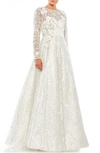 Mac Duggal Embellished Long-sleeve Floral Lace A-line Gown In White