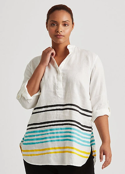 Lauren Woman Striped Linen Tunic In Capri Water Multi