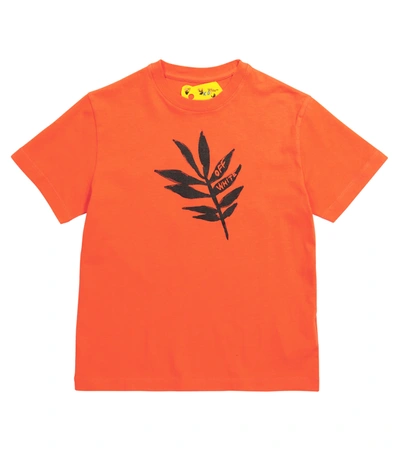 Off-white Kids' Leaf-motif Cotton T-shirt In Orange