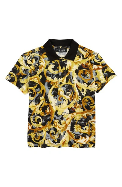 Versace Kids' Baroccoflage-print Short-sleeve Polo Shirt In Gold