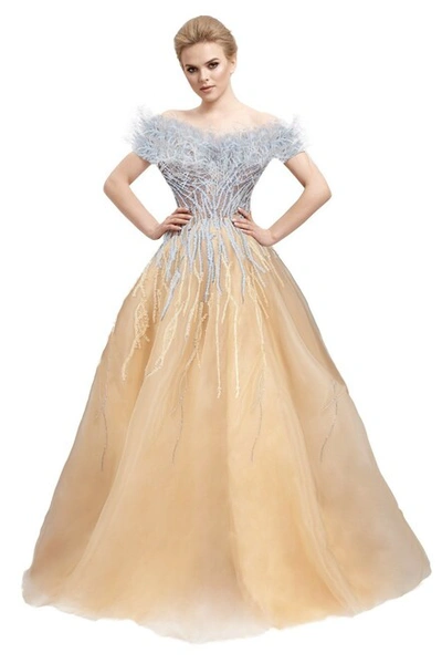 O'blanc Embroidered And Feathered Tulle Gown